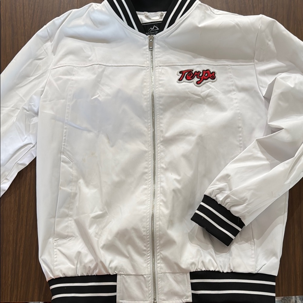 Custom Terps White Bomber Jacket with Black Stripes